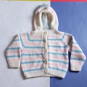 Vintage Youth Handmade Bubble Gum Striped Crocheted Cardigan Sweater SIZE: S